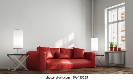 Rotes Ledersofa im Wohnzimmer vor einer Wand (3D-Rendering)