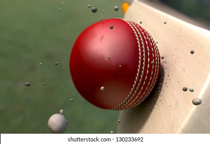 A Red Leather Stitched Cricket Ball Hitting A Wooden Cricket Bat With Dirt Particles Emanating From The Impact