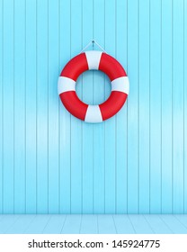 red lifebuoy on a blue wooden plank wall, summer concept, background