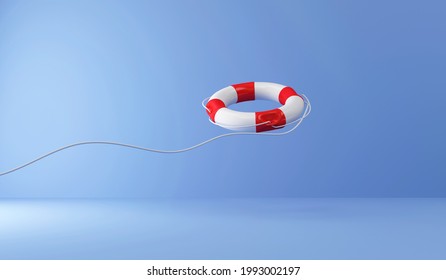 Red Lifebuoy with Rope on blue studio background. 3d rendering