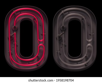 Red Light Neon Font With On And Off. Number 0. 3d Rendering.