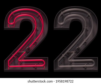 Red Light Neon Font With On And Off. Number 2. 3d Rendering.