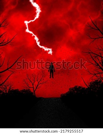 Red lightning bolt and clouds horror Halloween scene, flying silhouette man possessed floating in air above ground in forest on a road. unsafe dangerous creepy scary monstrous dark terrifying strange.