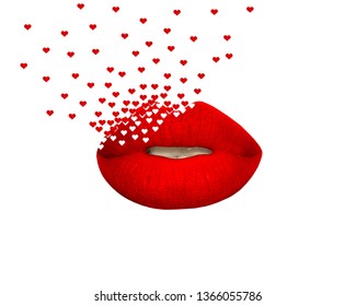 Red lips breaking into pixels shaped as small hearts isolated on white background. T-shirt print, game icon, lips treatement demonstration, beauty clinic banner, beauty store logo, postcard.