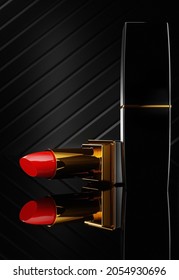 Red lipstick in golden tube   closed case the dark background and stripes  Closeup 3d render