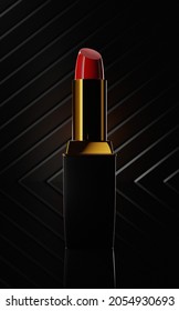 Red lipstick in golden tube the dark background and stripes  Closeup 3d render