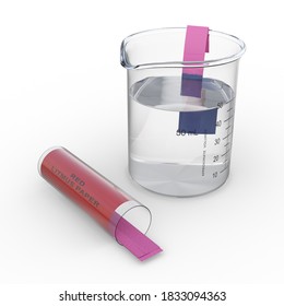 A Red Litmus Paper Dipped Into An Alkaline Solution In A 50 Ml Beaker Turns Blue. Isolated On White Background. 3D Rendering.