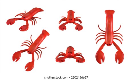 Red Lobster 3D Artwork Illustration In Different Angles.Underwater Fish Concept