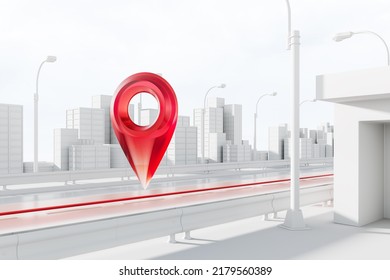 Red Location Marker, Geo Tag And Highway In A Megapolis, City Buildings On Background. Concept Of Tracking And Navigation, 3D Rendering