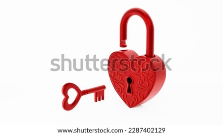 Red Lock in heart shape with a red key isolated on white background. Love unlock. 3D Illustration