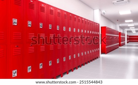 Red lockers are lining a long corridor in a school building. 3d render