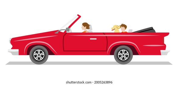 Red Long Convertible Car ,side View - Mother, Child, Dog Seated