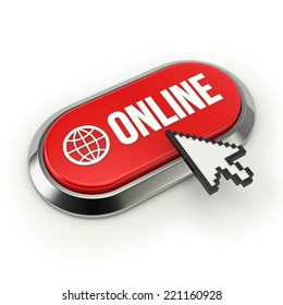Red Long Online Button With Chrome Border On White Background