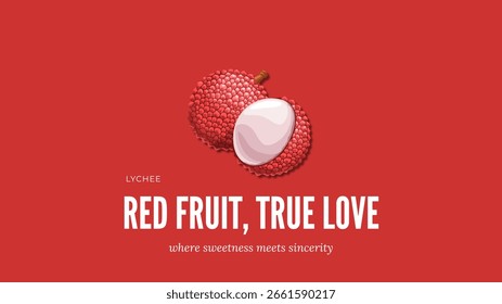 Red lychee with the message “Red Fruit, True Love”. Sweet lychee illustration on red background, perfect for love, food, or romantic-themed designs.