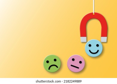 Red Magnet With Magnetic Power Choose Happy Face Circle On Orange Background. Concept Of Positive Thinking, Mental Health Assessment And World Mental Health Day. Illustration Of 3d Paper Cut Style.