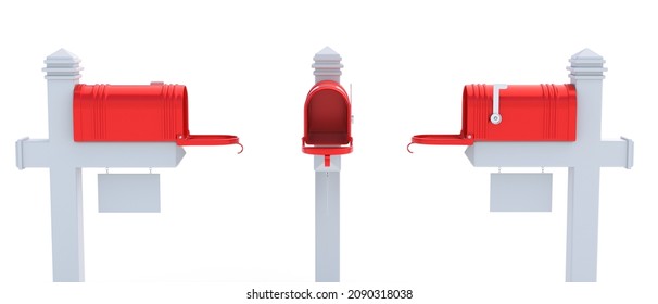 Red Mailbox Set Isolated On White Background. Empty Vintage Post Box With Open Door And Raised Flag, Front View And Side View. Blank House Number Label. 3d Illustration