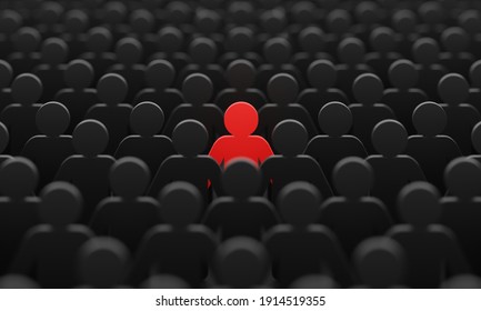 Red man color figurine among crowd black men people background. Social lifestyle and business competition and strange person concept. Human character symbol theme. 3D illustration rendering.