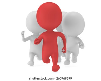 Red Man Lead The Way. 3D Render Isolated On White. Chase, Fitness, Sport Concept.