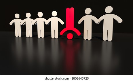 Red man standing on the head out from crowd of plenty identical white fellows. Leadership, uniqueness, independence, initiative, strategy, dissent, business concept. 3d render illustration. 