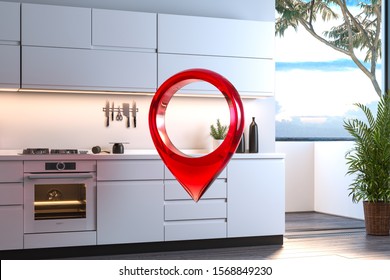 Red Map Geo Tag Pin In Modern Bright Kitchen Interior. 3d Rendering.