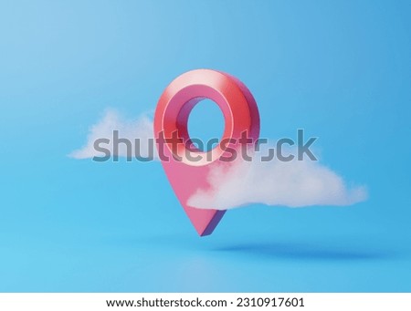 Red map location point marker or navigation pin icon sign flying in the clouds on a blue background. 3d rendering illustration