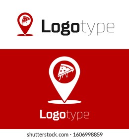 Red Map pointer with fast food slice pizza icon isolated on white background. Pizzeria location icon. Pizza cafe and restaurant marker. Logo design template element.  - Powered by Shutterstock