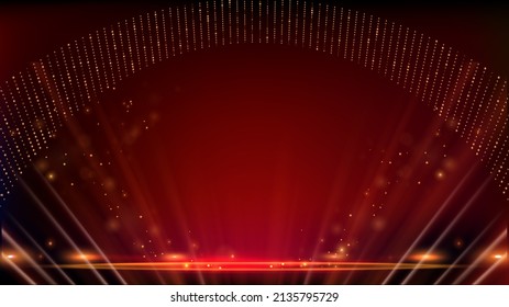 Red Maroon Golden Lights Rays Stage Royal Awards Graphics Background. Stage Show Platform Elegant Shine Modern Template. Rich Luxury Premium Corporate Template. Event Night Certificate Banner Design