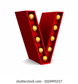 Red Marquee Light Letter V Sign Retro On White Background. 3d Rendering