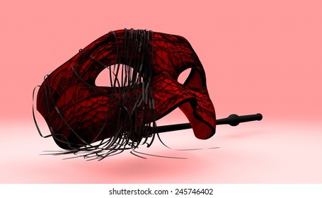  a red mask and whip on pink background