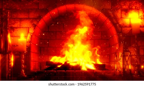 Red Masonry Fireplace Flames Shining . Cg Object 3D Illustration