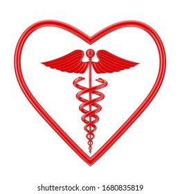 Red Medical Caduceus Symbol In Shape Of Heart On A White Background. 3d Rendering