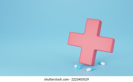 

Red Medical Cross Symbol And Pills ,pills Capsule ,3d Rendering 