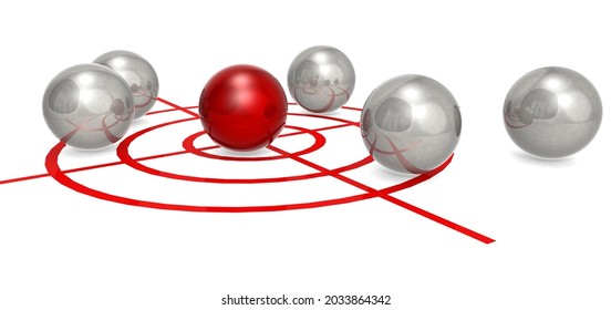 Red Metal Ball On Center Of Target, 3D Rendering