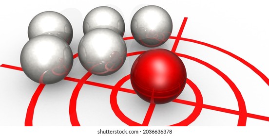 Red Metal Ball On Center Of Target, 3D Rendering