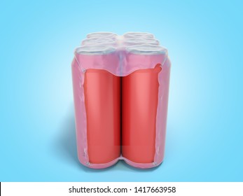 Red Metal Cans In Wrapped Package 3d Render On Blue Gradient