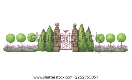 Red metal gate with a bird between stone pillars. Entrance to an ancient garden and a fence of thuja evergreens. Hand drawn watercolor painting illustration isolated on white background.