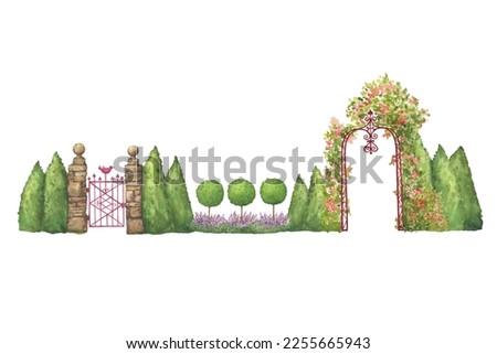 Red metal gate with a bird between stone pillars. Ancient garden arch trellis, overgrown with climbing rose flowers. Hand drawn watercolor painting illustration isolated on white background.