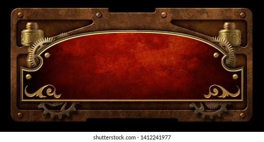 Red Metal Plaque With Steampunk Gear And  Copper Border Isolated 3D Digital Illustration