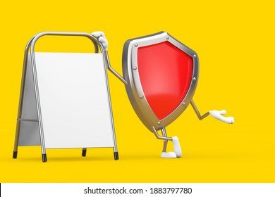 Red Metal Protection Shield Character Mascot with White Blank Advertising Promotion Stand on a yellow background. 3d Rendering