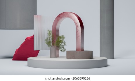 Red Metallic Arc And White Round Podium Display On Bright Background With Small Tree. Abstract Realism. Copy Space. Empty Space. Ad. Minimal Design. 3d Rendering.