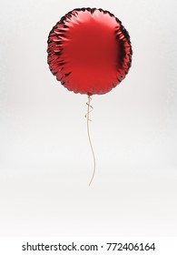 Red Metallic Round Balloon With Ribbon, Isolated On White Background