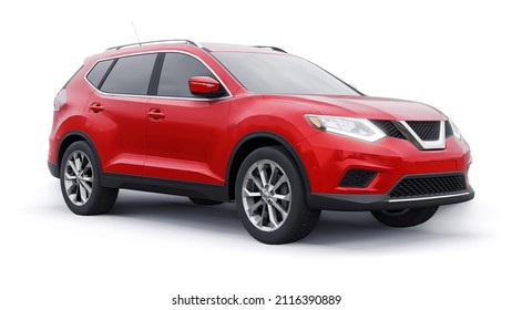 Red Mid-size Family Urban SUV Car On White Background. 3D Illustration