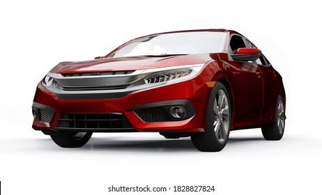 Red Mid-size Urban Family Sedan On A White Uniform Background. 3d Rendering.