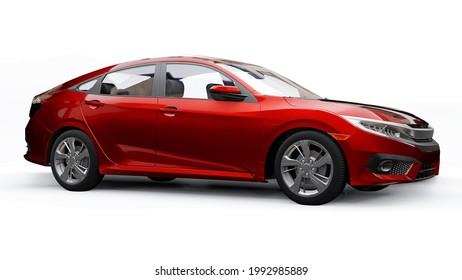 Red Mid-size Urban Family Sedan On A White Uniform Background. 3d Rendering