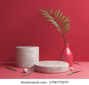 Red Mockup Stone Platform Podium With Palm Leaves 3d Render