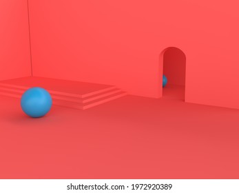 A red modern room with to blue spheres inside. 3d render