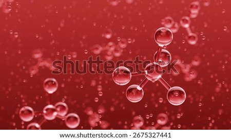 Red molecules floating in a red liquid create a scientific and abstract background, perfect for projects related to chemistry, biology, or medicine