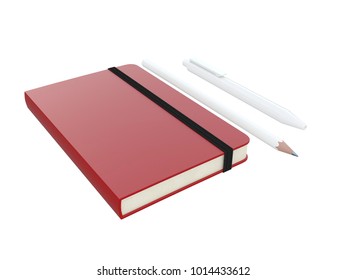 Red Moleskine With Pen And Pencil And A Black Strap Front Or Top View Isolated On A White Background 3d Rendering