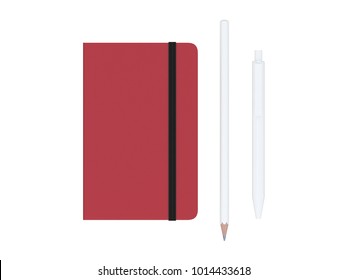Red Moleskine With Pen And Pencil And A Black Strap Front Or Top View Isolated On A White Background 3d Rendering