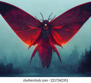 Red Mothman Winged Creature With Big Wings And Evil Monster Face From Mythology